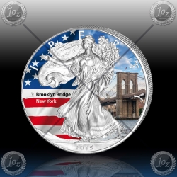 1oz ZDA $1 " No4 Silver Eagle 2015 - Brooklyn Bridge" BARVNI 1oz ZDA $1 " No4 Silver Eagle 2015 - Brooklyn Bridge" BARVNI
